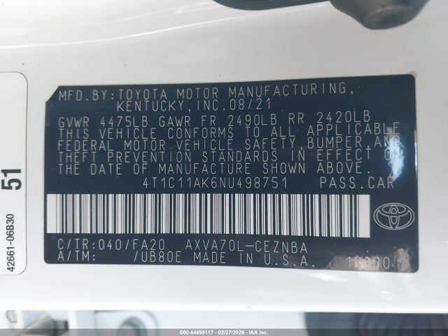 4T1C11AK6NU498751 Toyota CAMRY LE
