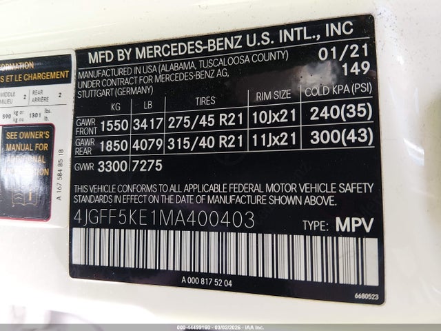 4JGFF5KE1MA400403 Mercedes-Benz Gls 450 4matic