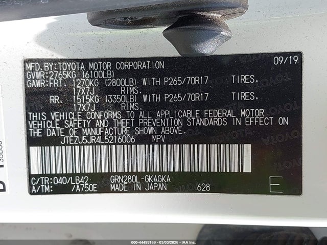 44499169 :رقم المزاد ، JTEZU5JR4L5216006 vin ، 2020 Toyota 4runner Sr5 Premium مزاد بيع