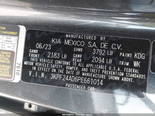 2023 Kia Forte Lxs მანქანა იყიდება აუქციონზე, vin: 3KPF24AD6PE661014, აუქციონის ნომერი: 44499171