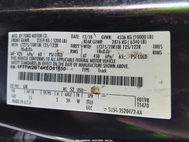 Продаж на аукціоні авто 2019 Ford F-250 Xl, vin: 1FT7W2BT4KED81650, номер лоту: 44499200