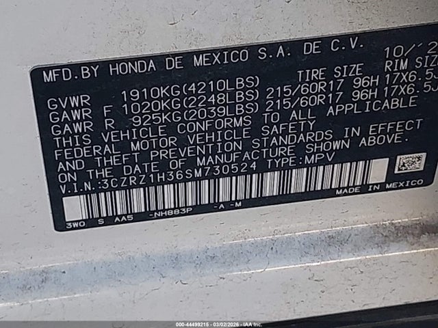 3CZRZ1H36SM730524 Honda Hr-v 2wd Lx