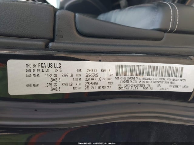 44499221 :رقم المزاد ، 1C4RJFCG9FC814963 vin ، 2015 Jeep Grand Cherokee Overland مزاد بيع