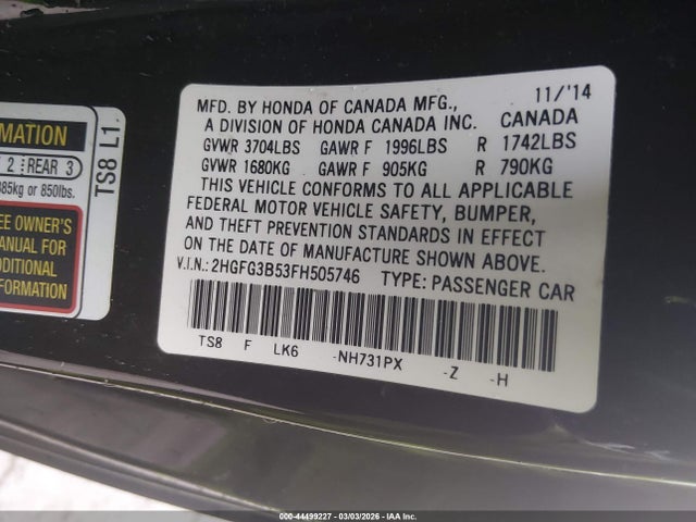 2015 Honda Civic Lx მანქანა იყიდება აუქციონზე, vin: 2HGFG3B53FH505746, აუქციონის ნომერი: 44499227