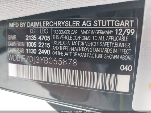 Продаж на аукціоні авто 2000 Mercedes-benz E 430, vin: WDBJF70J3YB065878, номер лоту: 44499235
