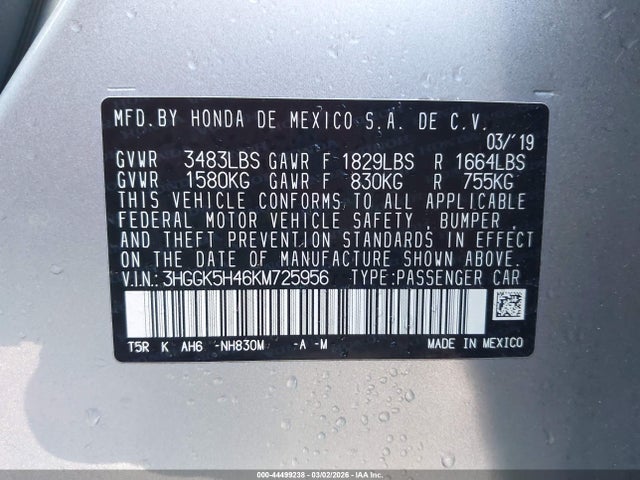 3HGGK5H46KM725956 Honda FIT LX