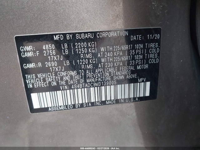 Aukcja sprzedaży 2021 Subaru Outback Premium, vin: 4S4BTADC9M3139005, numer aukcji: 44499243