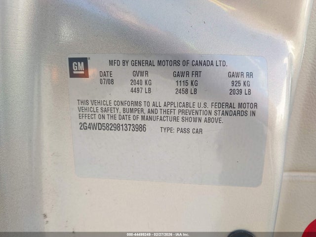 44499249 :رقم المزاد ، 2G4WD582981373986 vin ، 2008 Buick Lacrosse Cxl مزاد بيع