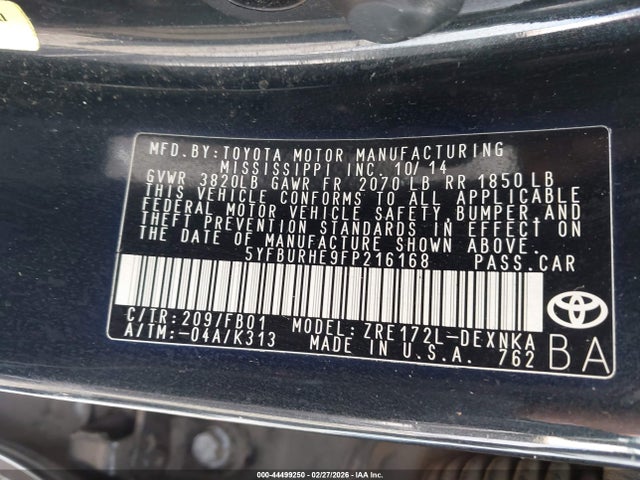 5YFBURHE9FP216168 Toyota COROLLA LE