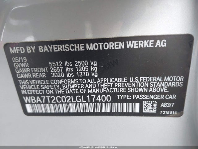 Продажа на аукционе авто 2020 Bmw 740i, vin: WBA7T2C02LGL17400, номер лота: 44499261