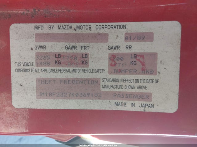 Aukcja sprzedaży 1989 Mazda 323, vin: JM1BF2327K0369182, numer aukcji: 44499262