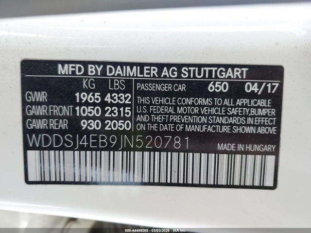 Продаж на аукціоні авто 2018 Mercedes-benz Cla 250, vin: WDDSJ4EB9JN520781, номер лоту: 44499265