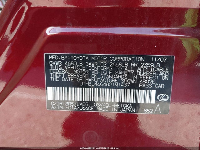 44499281 :رقم المزاد ، JTHBJ46G482191437 vin ، 2008 Lexus Es 350 مزاد بيع