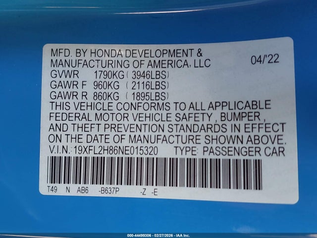 19XFL2H86NE015320 Honda Civic Sport