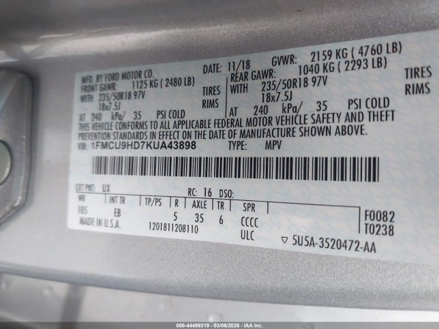 1FMCU9HD7KUA43898 Ford ESCAPE SEL