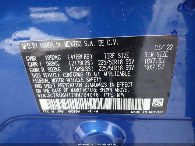 3CZRU6H17NM764048 Honda Hr-v Awd Sport