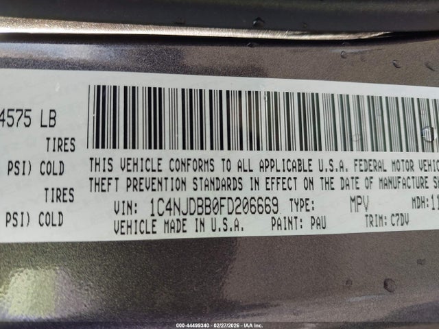 2015 Jeep Compass Sport მანქანა იყიდება აუქციონზე, vin: 1C4NJDBB0FD206669, აუქციონის ნომერი: 44499340
