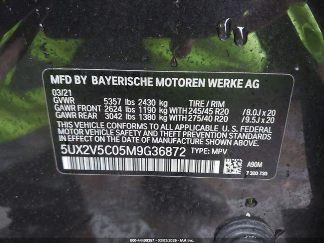 Aukcja sprzedaży 2021 Bmw X4 M40i, vin: 5UX2V5C05M9G36872, numer aukcji: 44499357