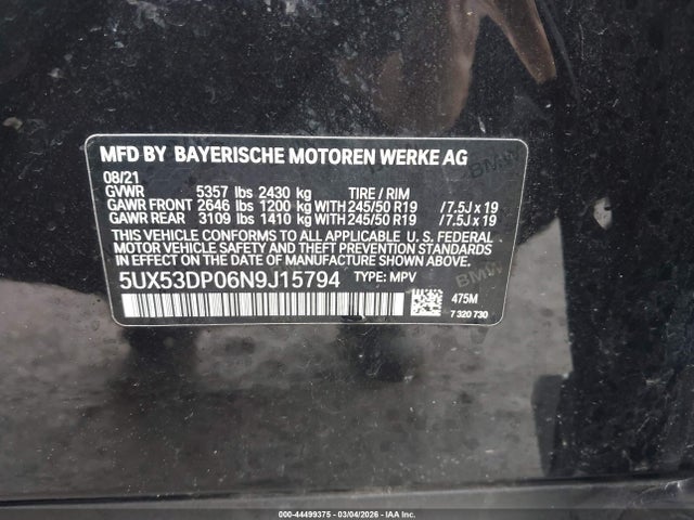 Продаж на аукціоні авто 2022 Bmw X3 Xdrive30i, vin: 5UX53DP06N9J15794, номер лоту: 44499375