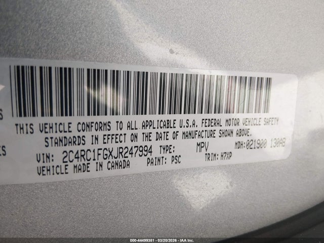 2018 Chrysler Pacifica Touring Plus მანქანა იყიდება აუქციონზე, vin: 2C4RC1FGXJR247994, აუქციონის ნომერი: 44499381