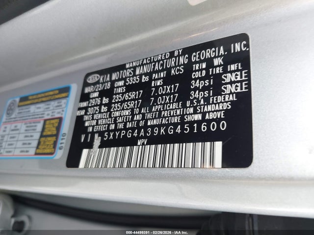 5XYPG4A39KG451600 KIA Sorento 2.4l Lx