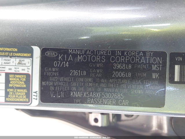 KNAFX5A8XF5302685 KIA FORTE EX