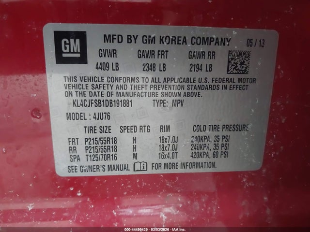 44499429 :رقم المزاد ، KL4CJFSB1DB191881 vin ، 2013 Buick Encore Convenience مزاد بيع