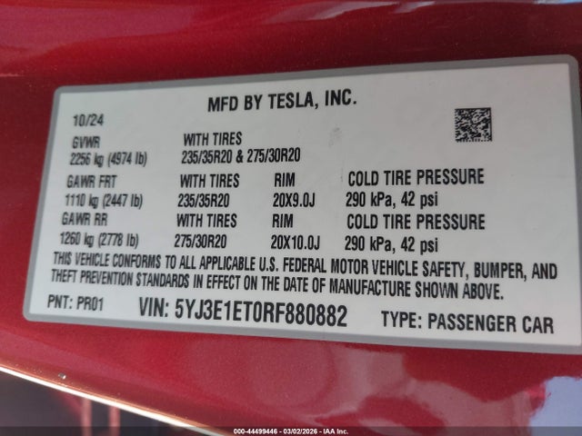 Aukcja sprzedaży 2024 Tesla Model 3 Performance All-wheel Drive, vin: 5YJ3E1ET0RF880882, numer aukcji: 44499446