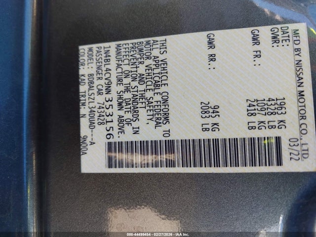1N4BL4CV9NN353156 Nissan Altima Sr Fwd