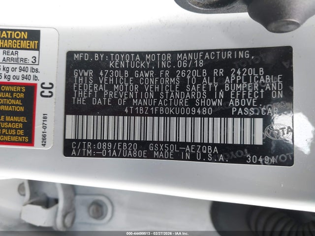 4T1BZ1FB0KU009480 Toyota AVALON XSE