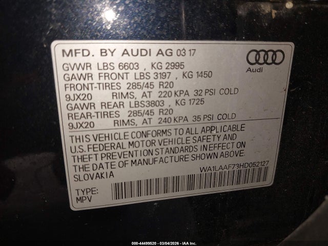 Aukcja sprzedaży 2017 Audi Q7 3.0t Premium, vin: WA1LAAF73HD052127, numer aukcji: 44499520