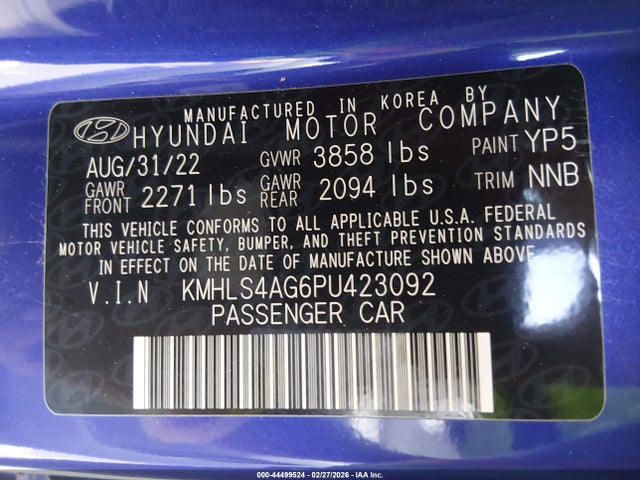 KMHLS4AG6PU423092 Hyundai ELANTRA SEL