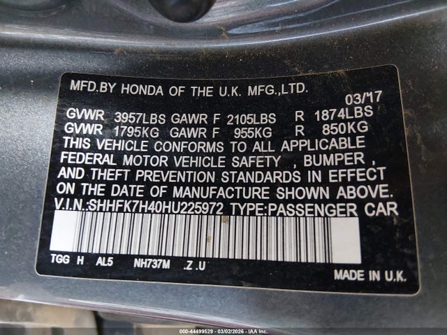 SHHFK7H40HU225972 Honda Civic Sport