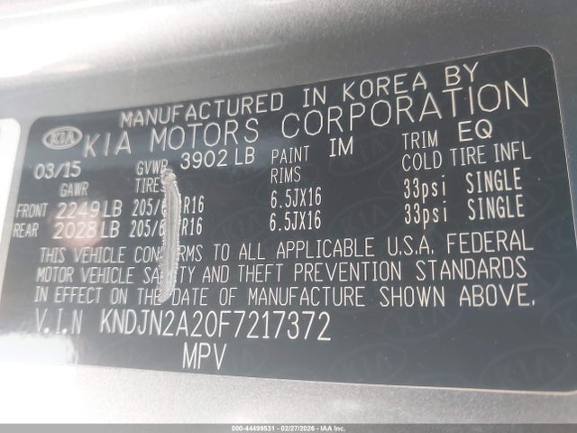 2015 Kia Soul მანქანა იყიდება აუქციონზე, vin: KNDJN2A20F7217372, აუქციონის ნომერი: 44499531