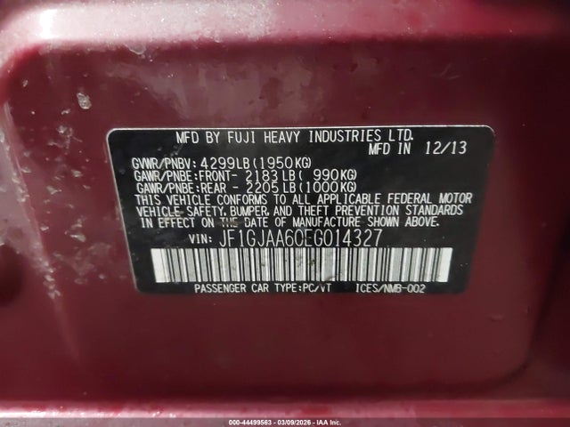 Продажа на аукционе авто 2014 Subaru Impreza 2.0i, vin: JF1GJAA60EG014327, номер лота: 44499563