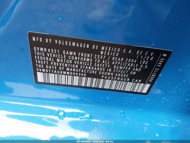 44499565 :رقم المزاد ، 3VW6T7AU8MM006348 vin ، 2021 Volkswagen Golf Gti 2.0t Autobahn/2.0t S/2.0t Se مزاد بيع