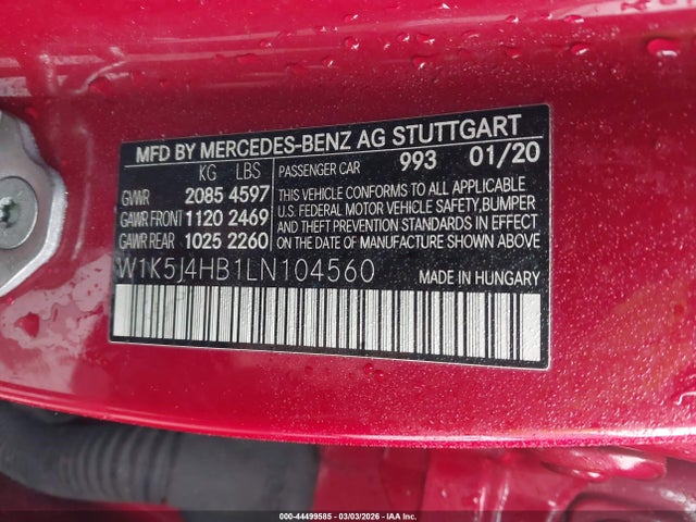 Aukcja sprzedaży 2020 Mercedes-benz Cla 250 4matic, vin: W1K5J4HB1LN104560, numer aukcji: 44499585