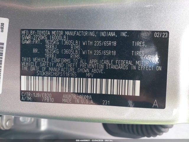 44499601 :رقم المزاد ، 5TDKBRCH6PS118165 vin ، 2023 Toyota Highlander Hybrid Xle مزاد بيع