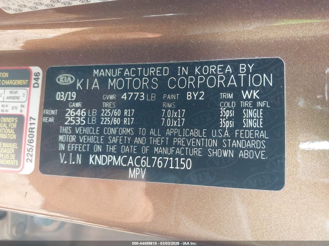 44499618 :رقم المزاد ، KNDPMCAC6L7671150 vin ، 2020 Kia Sportage Lx مزاد بيع