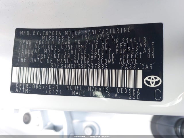 Продаж на аукціоні авто 2025 Toyota Corolla Se, vin: 5YFS4MCE6SP247883, номер лоту: 44499627