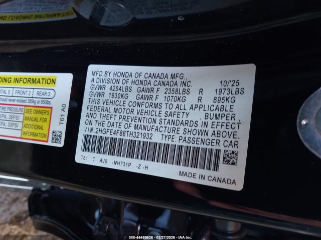 Aukcja sprzedaży 2026 Honda Civic Hybrid Sport/sport Touring, vin: 2HGFE4F86TH321932, numer aukcji: 44499636