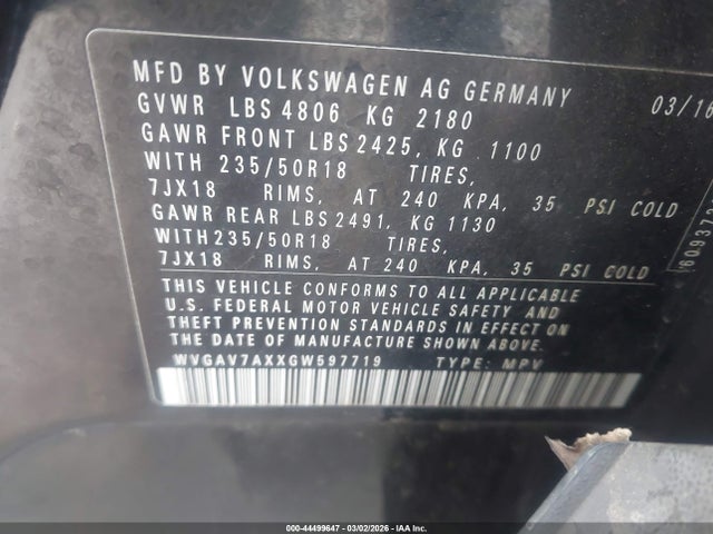 Продажа на аукционе авто 2016 Volkswagen Tiguan Se, vin: WVGAV7AXXGW597719, номер лота: 44499647