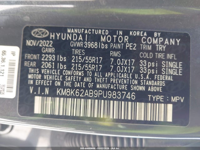 Aukcja sprzedaży 2023 Hyundai Kona Sel, vin: KM8K62AB9PU983746, numer aukcji: 44499666