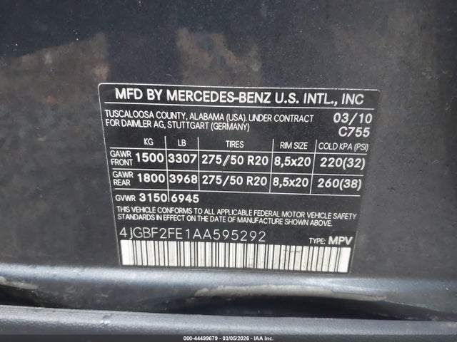 Aukcja sprzedaży 2010 Mercedes-benz Gl 350 Bluetec 4matic, vin: 4JGBF2FE1AA595292, numer aukcji: 44499679