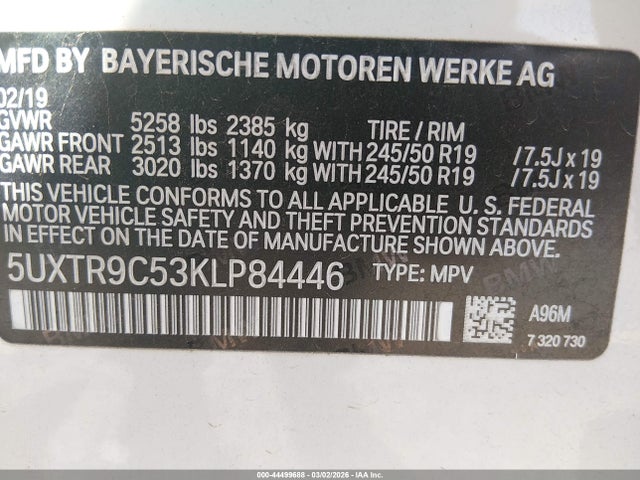 44499688 :رقم المزاد ، 5UXTR9C53KLP84446 vin ، 2019 Bmw X3 Xdrive30i مزاد بيع