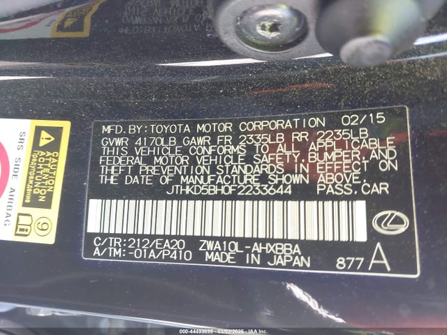 44499698 :رقم المزاد ، JTHKD5BH0F2233644 vin ، 2015 Lexus Ct 200h مزاد بيع