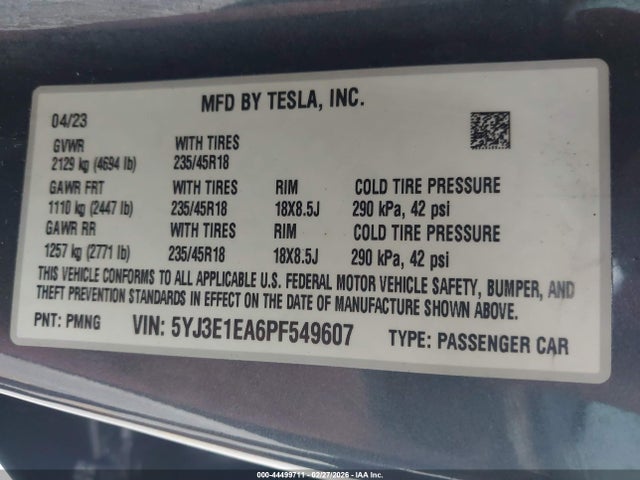 Aukcja sprzedaży 2023 Tesla Model 3 Rear-wheel Drive, vin: 5YJ3E1EA6PF549607, numer aukcji: 44499711