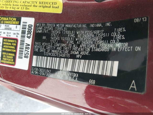 5TDYK3DC7ES408115 Toyota Sienna Xle V6 8 Passenger
