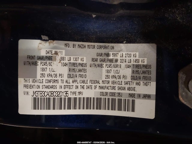 Aukcja sprzedaży 2011 Mazda Cx-9 Touring, vin: JM3TB3CA0B0320135, numer aukcji: 44499747