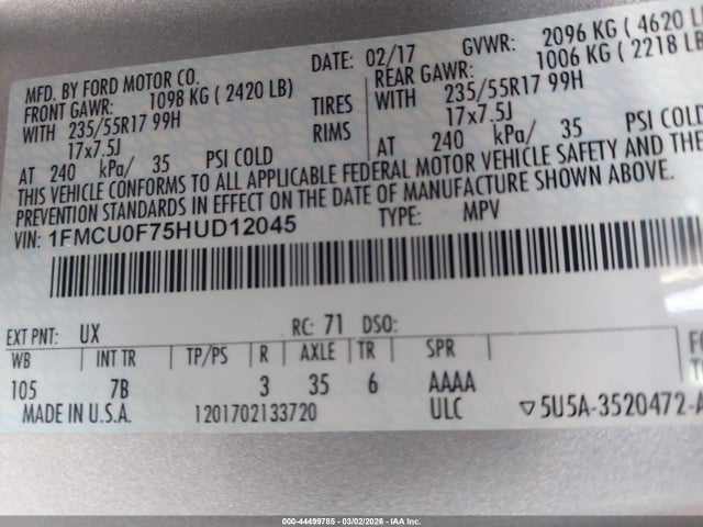 2017 FORD ESCAPE 1FMCU0F75HUD12045 Photo 8